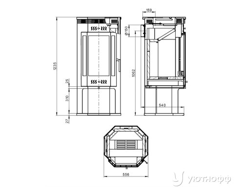 Отопительная печь ASTON 11 кВт (180 м3) Ø пристенно-угловая 150мм из стали 