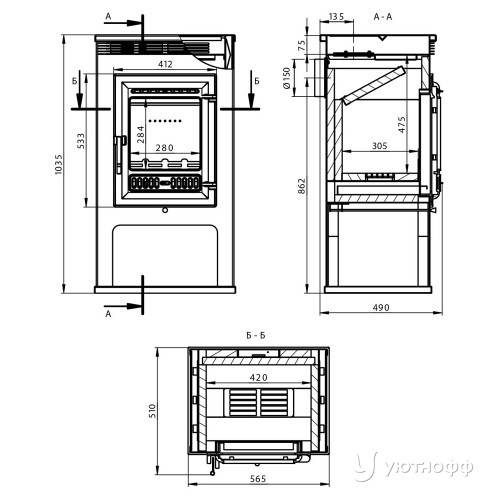 Отопительная печь ASTON 11 кВт (180 м3) Ø 150 мм с чугунной дверью Отопительная печь ASTON 11 кВт (180 м3) Ø 150 мм с чугунной дверью