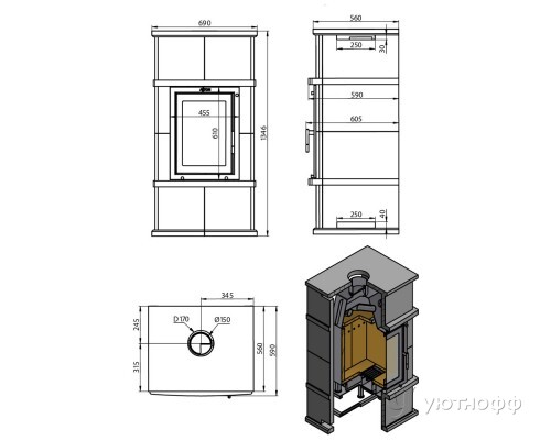 Стальной камин ASTON 10 кВт Ø 150 мм в облицовке талькохлорит