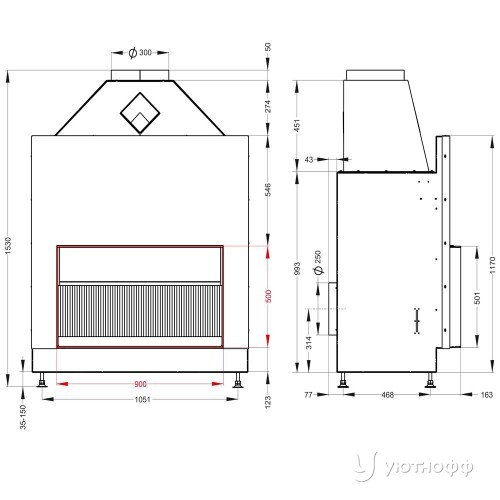 Открытая каминная топка o1c 90\50 с сеткой