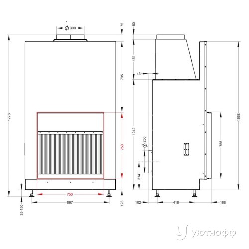 Открытая каминная топка o1c 75\75 с сеткой Открытая каминная топка o1c 75\75 с сеткой