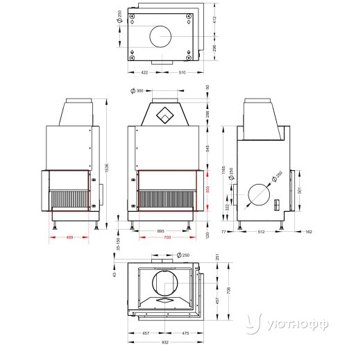 Открытая каминная топка o2c 70\50 R с сеткой
