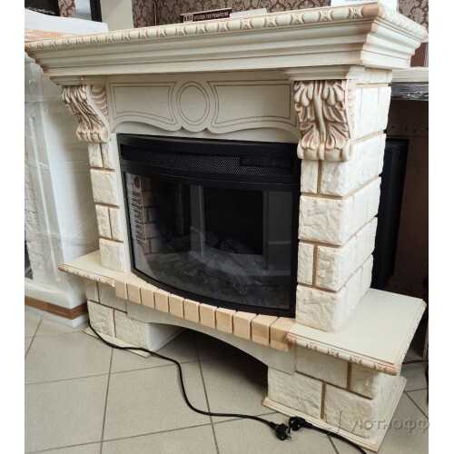 Угловой электрокамин Пьер Люкс 25 Шампань слоновая кость с очагом Диорамик 25