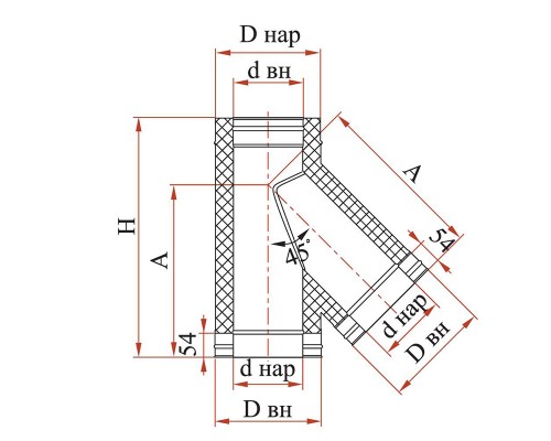 Тройник 45° с изоляцией Дымок для дымохода 150/230 мм (толщина стали 0,8 мм)