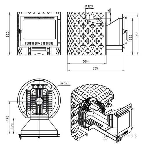 Печь для бани Этна 24 (Панорама М) чугун с открытой каменкой