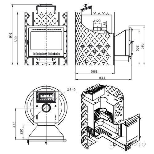 Печь для бани Этна 24 (Панорама М) чугун с закрытой каменкой