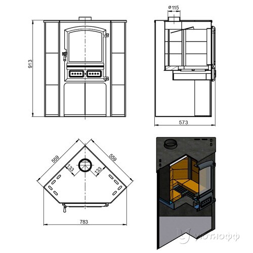 Дровяная печь-камин ЭТНА (БКД) угловой амфиболит Ø 115мм