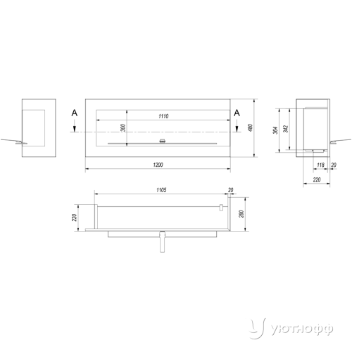 Угловой биокамин Дельта 1200 правая Угловой биокамин Дельта 1200 правая