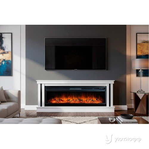 Камин линейный Космо 60 бьянко белый с очагом Вижен 60