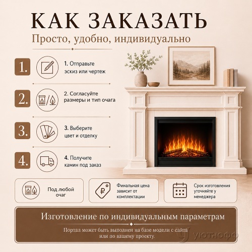 Каминокомплект по чертежу (каминный портал + очаг) под заказ